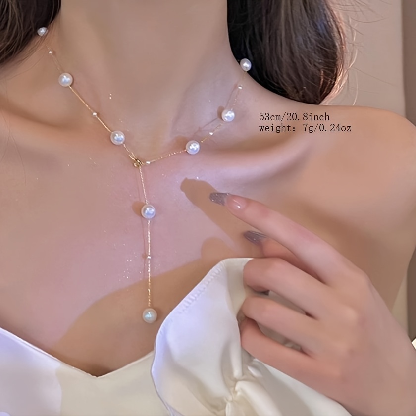 Women's Luxurious Long Imitation Pearl Necklace, Elegant Design